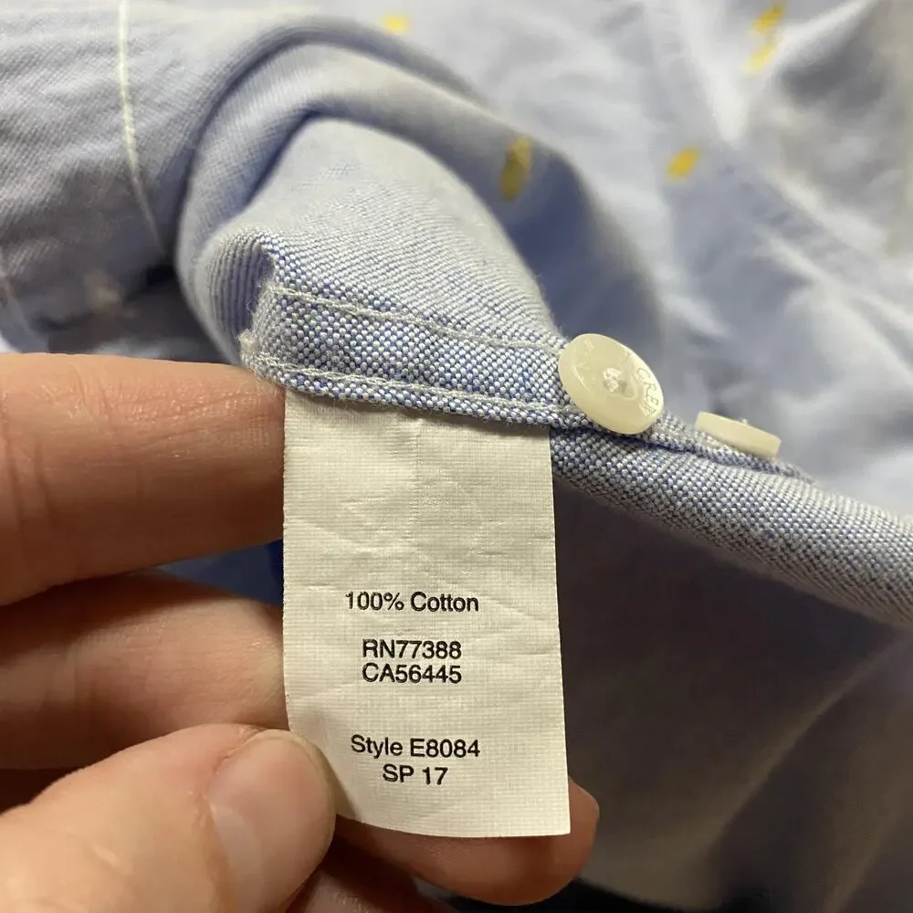 J Crew Shirt Mens XL Blue Oxford Short Sleeve Gold Fish Embroidered Slim Fit